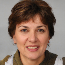 Joyful white adult female with medium  brown hair and blue eyes