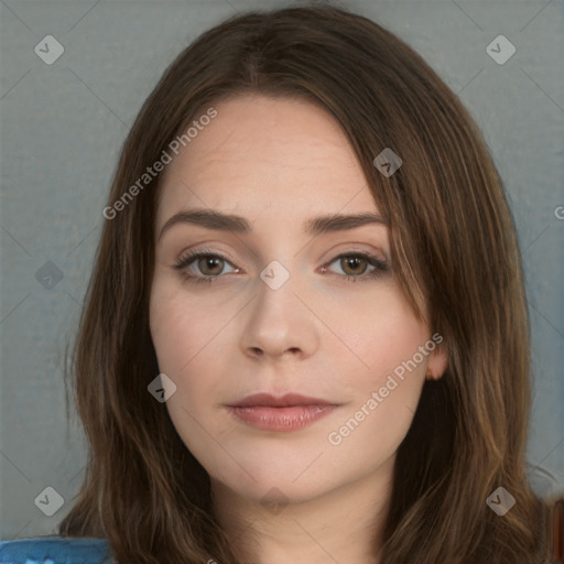 Neutral white young-adult female with long  brown hair and brown eyes