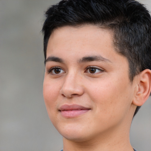 Joyful white young-adult female with short  black hair and brown eyes
