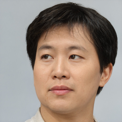 Neutral asian young-adult male with short  brown hair and brown eyes
