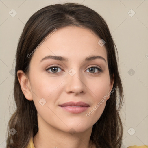 Neutral white young-adult female with medium  brown hair and brown eyes