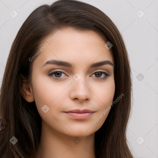 Neutral white young-adult female with long  brown hair and brown eyes