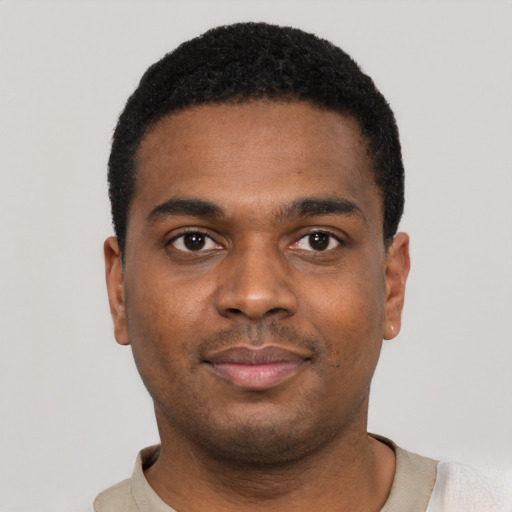 Neutral black young-adult male with short  black hair and brown eyes
