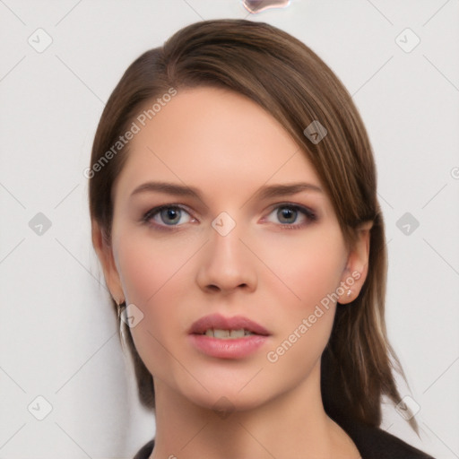 Neutral white young-adult female with medium  brown hair and grey eyes