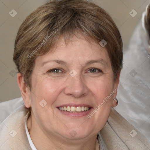 Joyful white adult female with short  brown hair and brown eyes