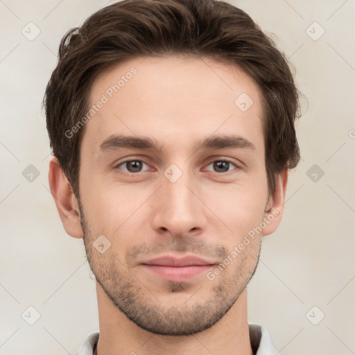 Neutral white young-adult male with short  brown hair and brown eyes