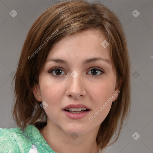 Joyful white young-adult female with medium  brown hair and green eyes