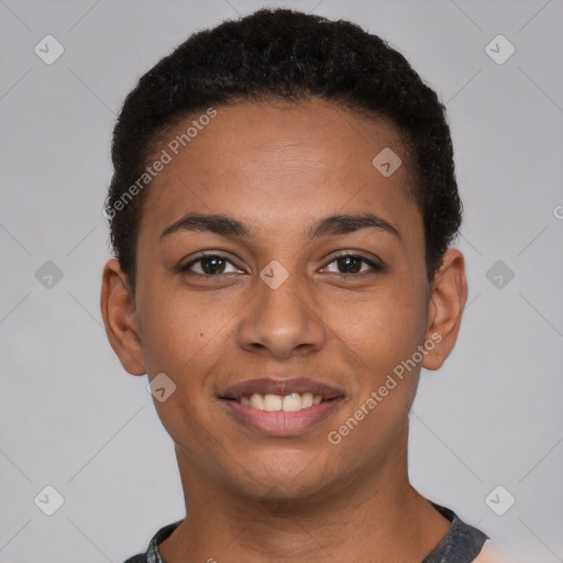 Joyful latino young-adult female with short  brown hair and brown eyes