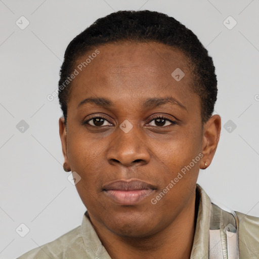 Neutral black young-adult female with short  black hair and brown eyes