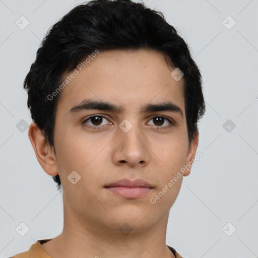 Neutral latino young-adult male with short  black hair and brown eyes