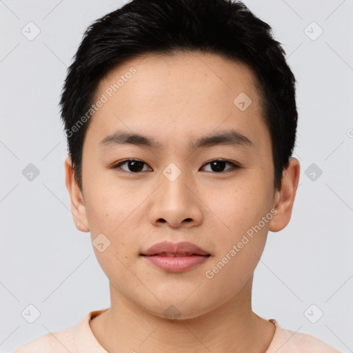 Neutral asian young-adult male with short  black hair and brown eyes