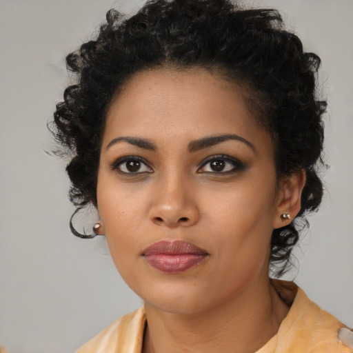 Neutral latino young-adult female with medium  black hair and brown eyes
