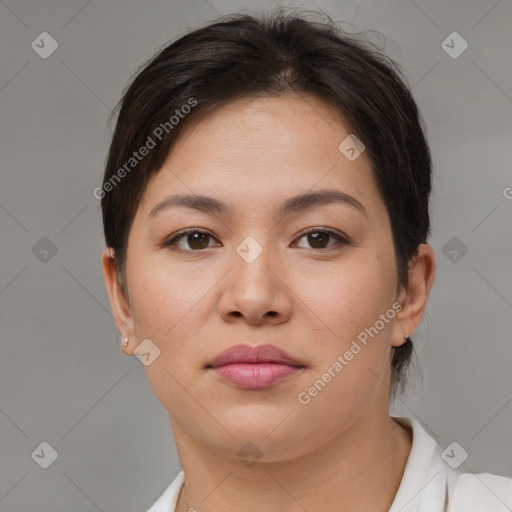 Neutral asian young-adult female with short  brown hair and brown eyes