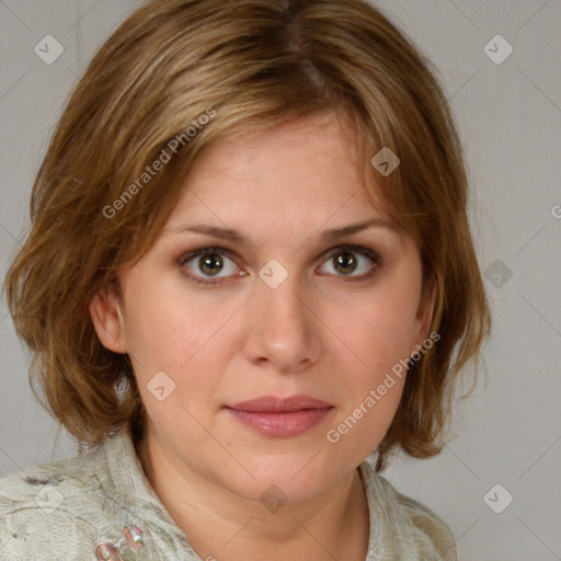 Joyful white young-adult female with medium  brown hair and blue eyes