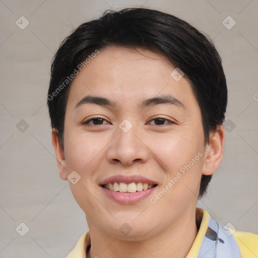 Joyful asian young-adult female with short  brown hair and brown eyes