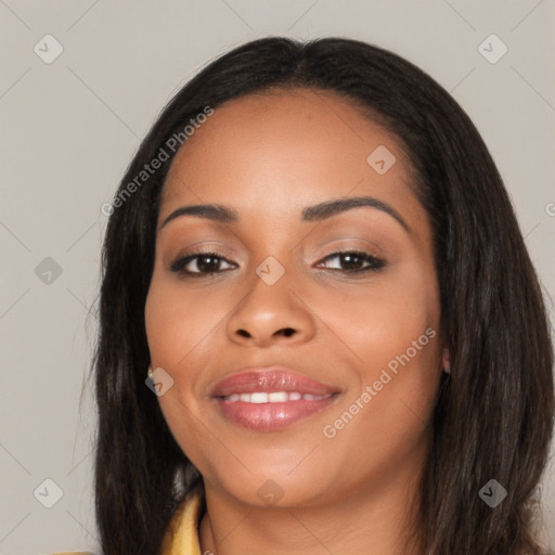 Joyful latino young-adult female with long  black hair and brown eyes