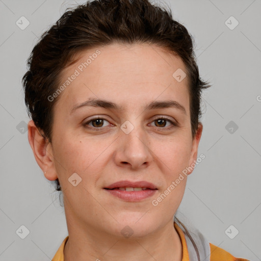 Joyful white young-adult female with short  brown hair and brown eyes