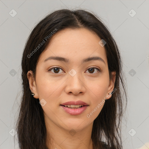 Joyful white young-adult female with long  brown hair and brown eyes