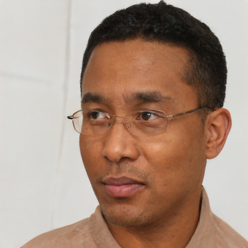 Neutral black adult male with short  black hair and brown eyes