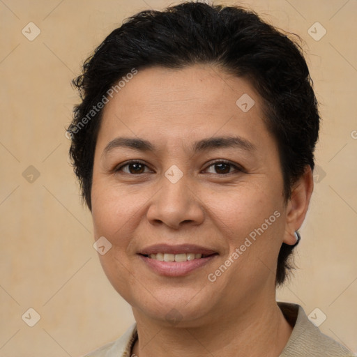 Joyful white adult female with short  brown hair and brown eyes