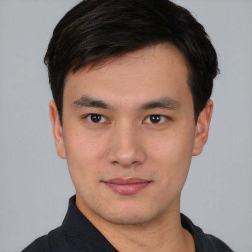 Neutral asian young-adult male with short  black hair and brown eyes