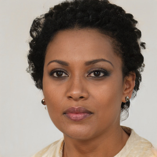 Neutral black young-adult female with short  black hair and brown eyes