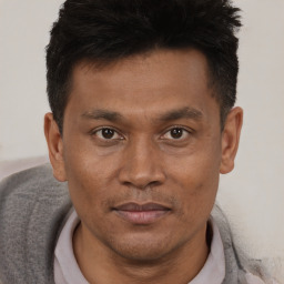 Joyful asian adult male with short  brown hair and brown eyes