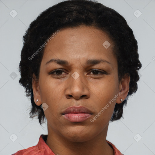 Joyful black adult female with short  black hair and brown eyes