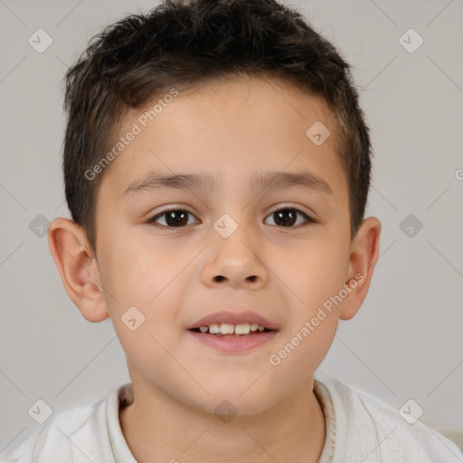 Joyful white child male with short  brown hair and brown eyes