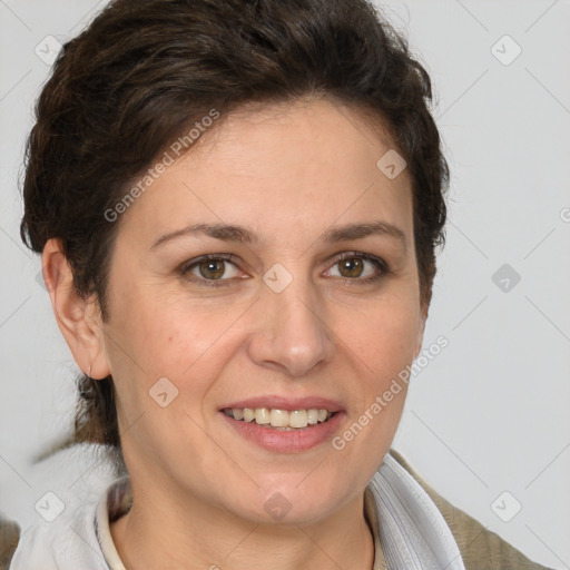 Joyful white adult female with short  brown hair and brown eyes