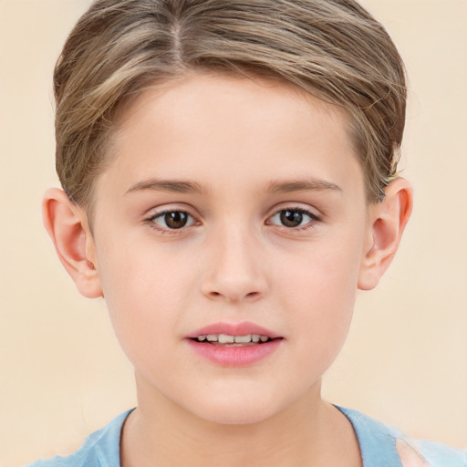 Joyful white child female with short  brown hair and brown eyes