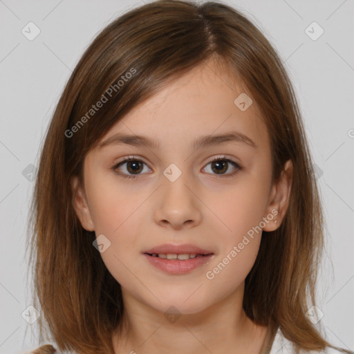 Joyful white child female with medium  brown hair and brown eyes