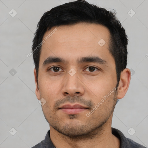 Neutral asian young-adult male with short  black hair and brown eyes