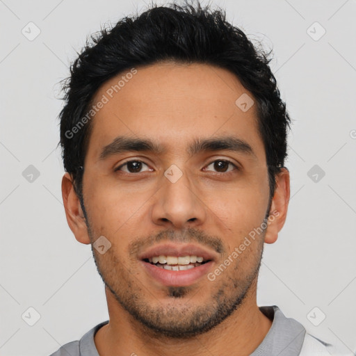 Joyful asian young-adult male with short  black hair and brown eyes