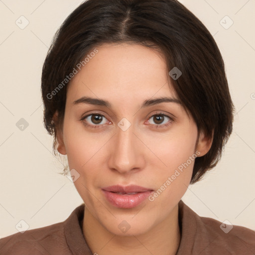 Neutral white young-adult female with medium  brown hair and brown eyes