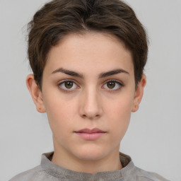 Neutral white young-adult female with short  brown hair and brown eyes