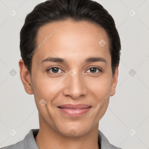 Joyful white young-adult female with short  brown hair and brown eyes