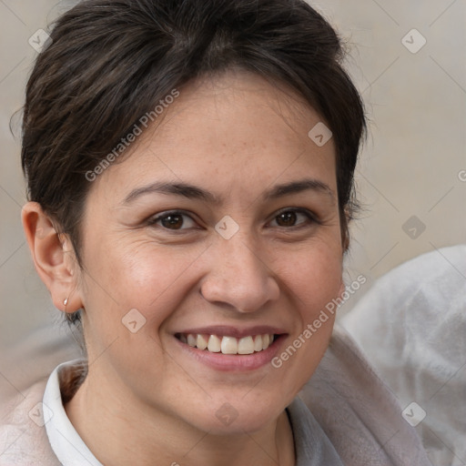 Joyful white adult female with medium  brown hair and brown eyes