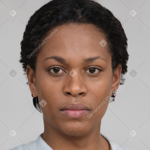 Neutral black young-adult female with short  brown hair and brown eyes