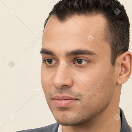 Neutral white young-adult male with short  brown hair and brown eyes