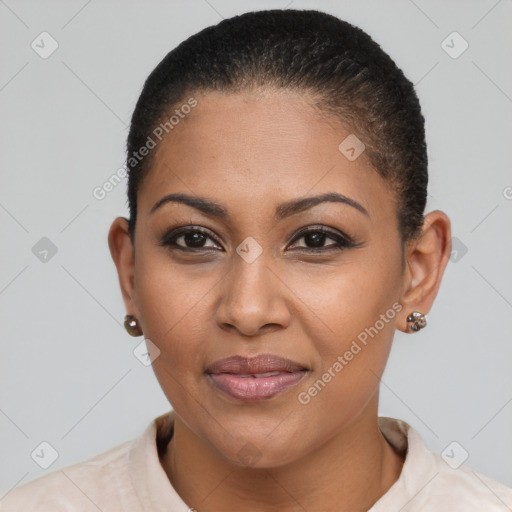 Joyful black young-adult female with short  brown hair and brown eyes