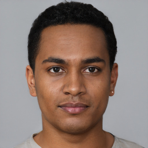 Neutral black young-adult male with short  black hair and brown eyes