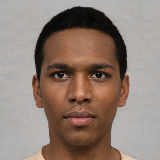 Neutral black young-adult male with short  black hair and brown eyes