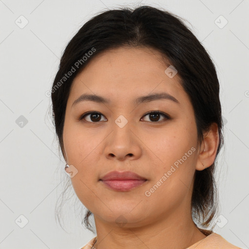 Neutral asian young-adult female with medium  brown hair and brown eyes