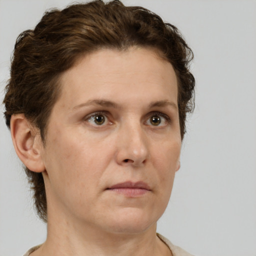 Neutral white adult female with short  brown hair and brown eyes