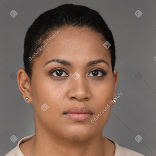 Joyful latino young-adult female with short  brown hair and brown eyes