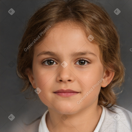 Joyful white child female with medium  brown hair and brown eyes