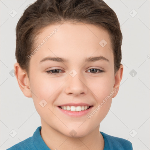 Joyful white child female with short  brown hair and brown eyes