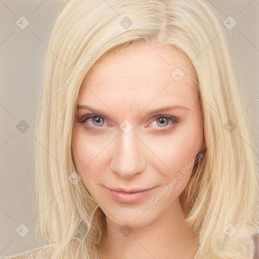 Neutral white young-adult female with long  brown hair and grey eyes