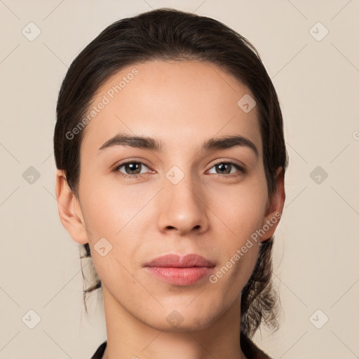 Neutral white young-adult female with short  brown hair and brown eyes